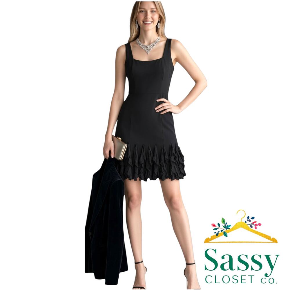 Maggy London Black Silk Ruffle Drop Hem Dress 12P Petite Cocktail LBD